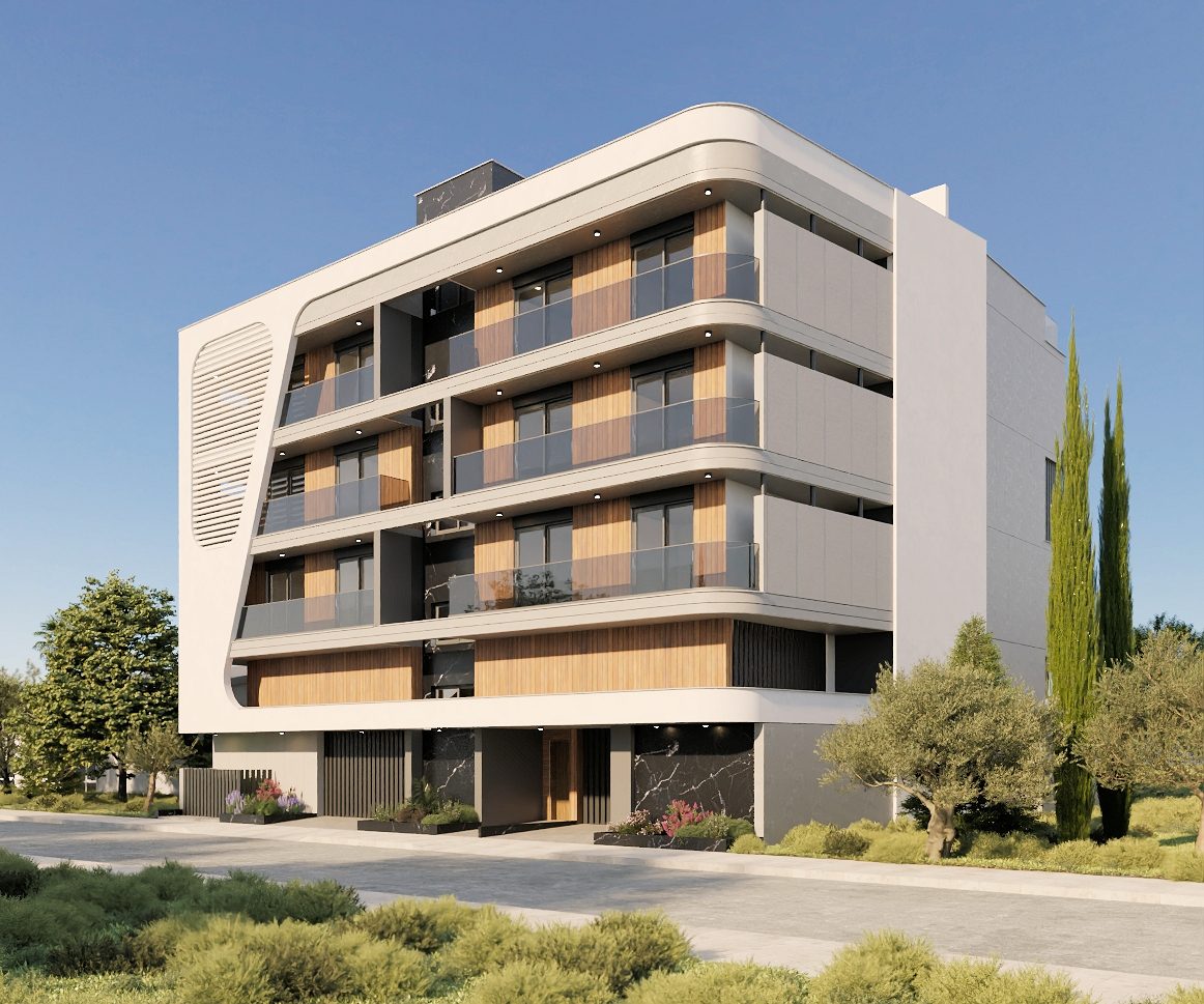 Adar Residence seen from the street corner, its curved white blade wrapping timber-lined balconies — architect's visualisation