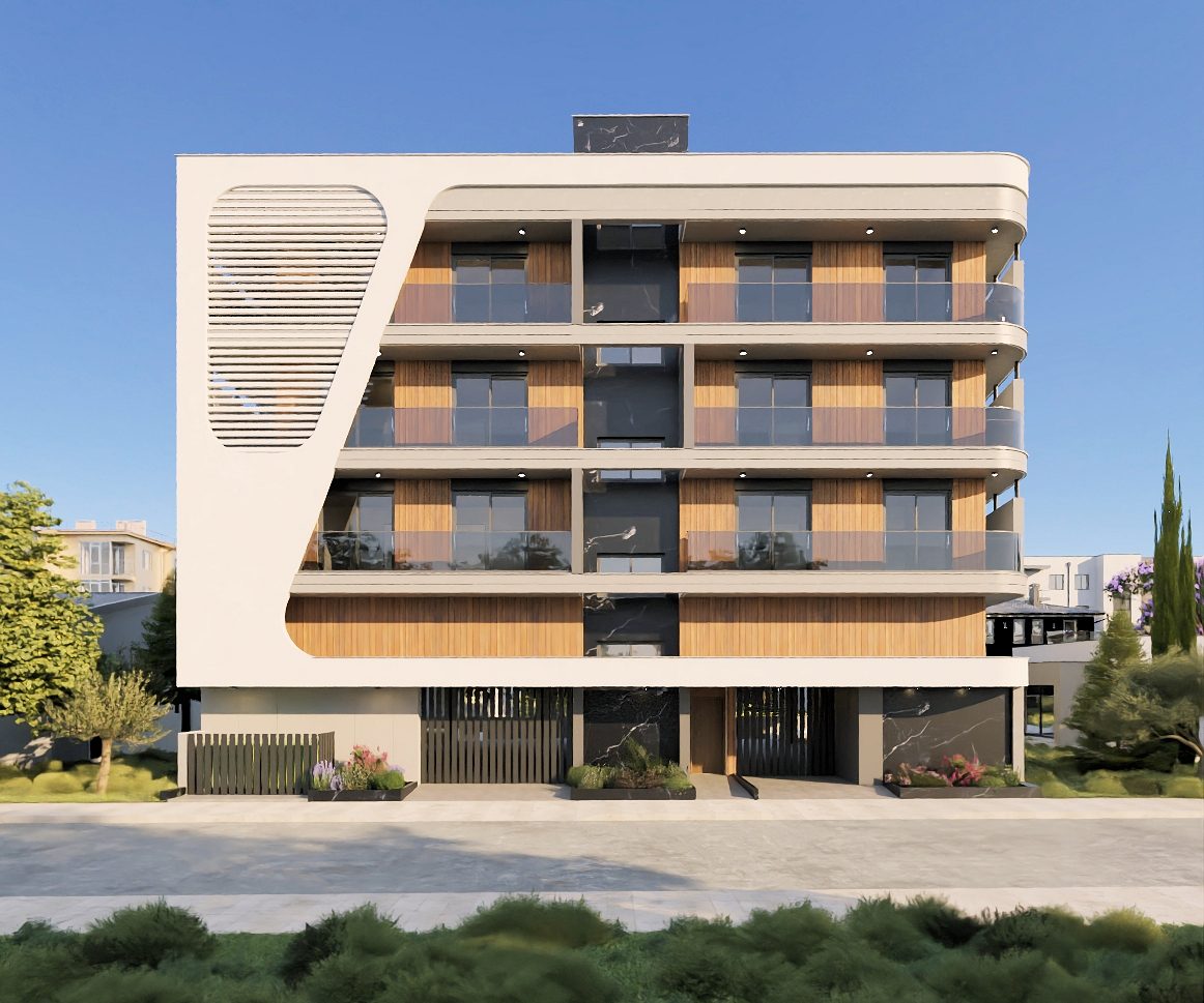 The street elevation of Adar Residence, four levels of glass balconies behind a sculpted white frame — architect's visualisation