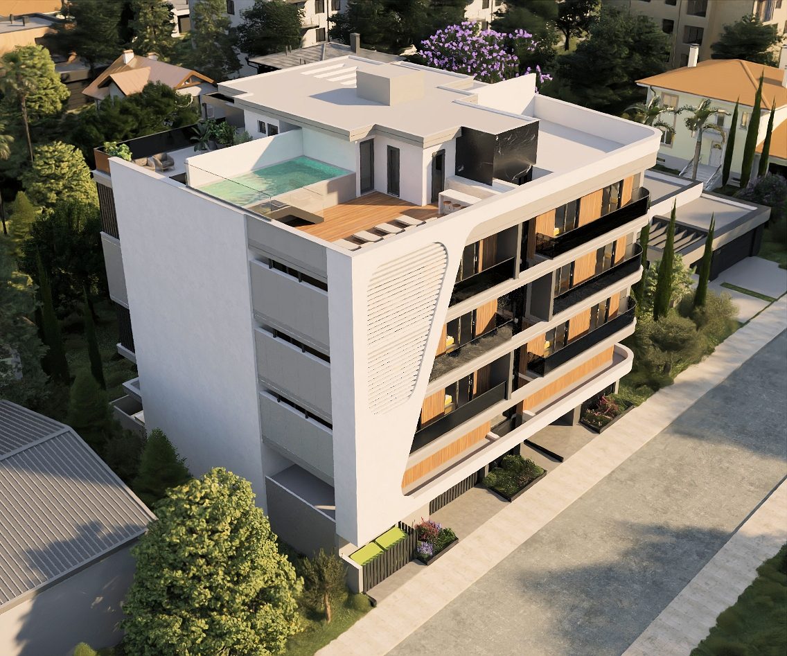 Adar Residence from above, the rooftop pool and timber deck set between the penthouse roof gardens — architect's visualisation