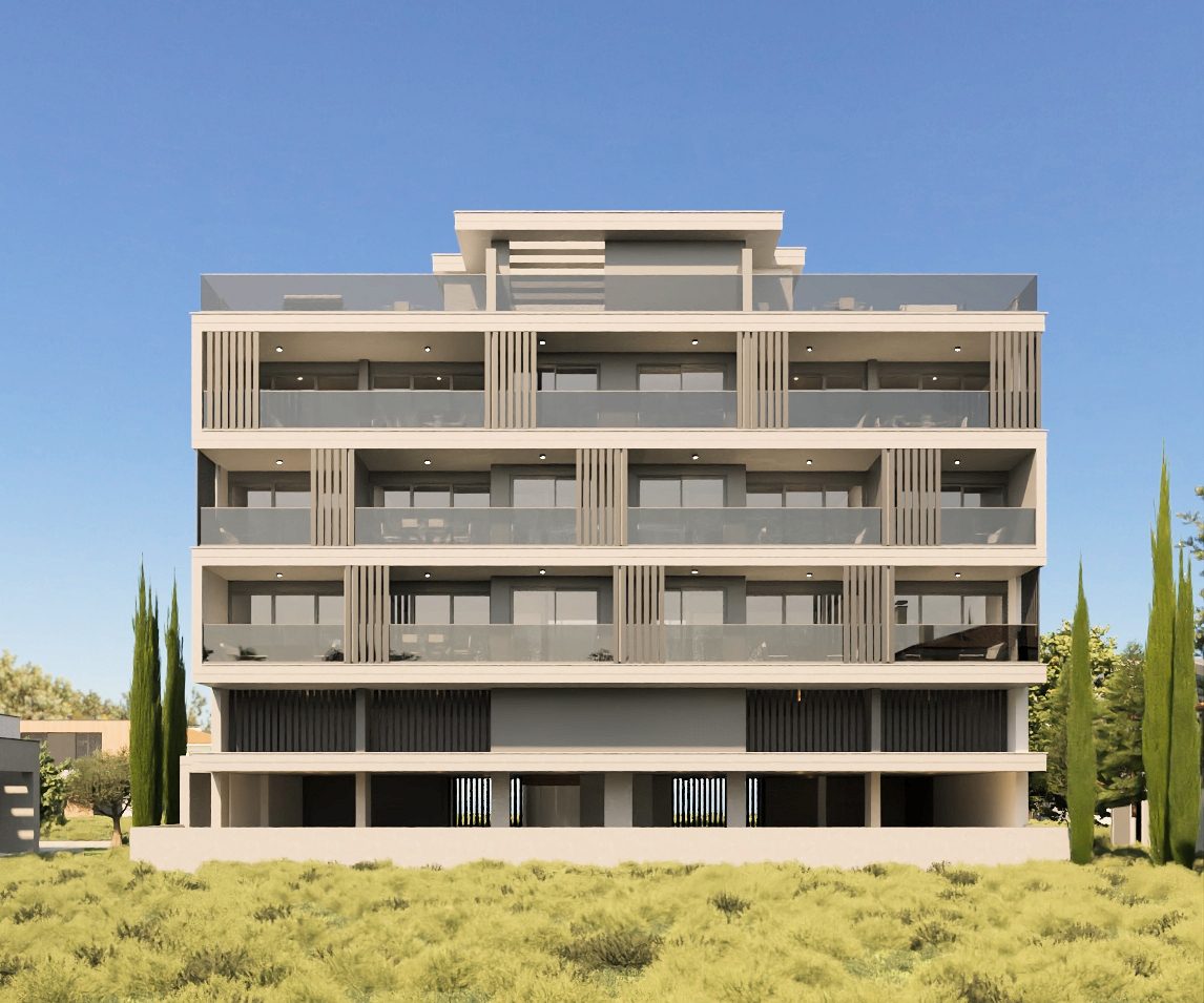 The rear elevation of Adar Residence, stepped balconies facing the cypress trees — architect's visualisation
