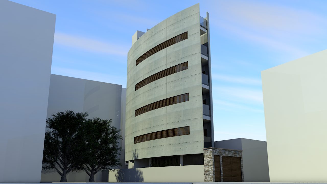 Afroditis Residence on its street, curved balcony bands above a stone-clad entrance — architect's visualisation