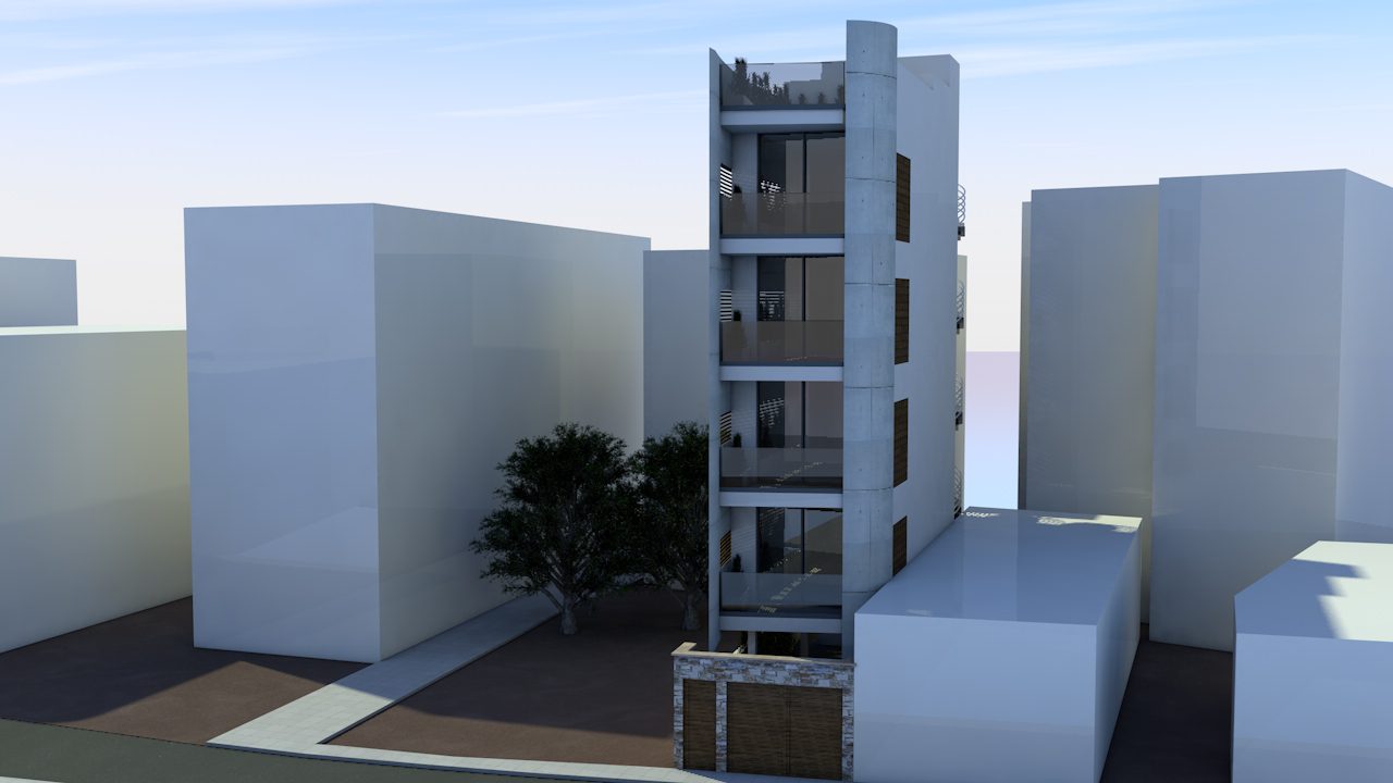 The corner of Afroditis Residence, its glazed stair rising the full height of the building — architect's visualisation