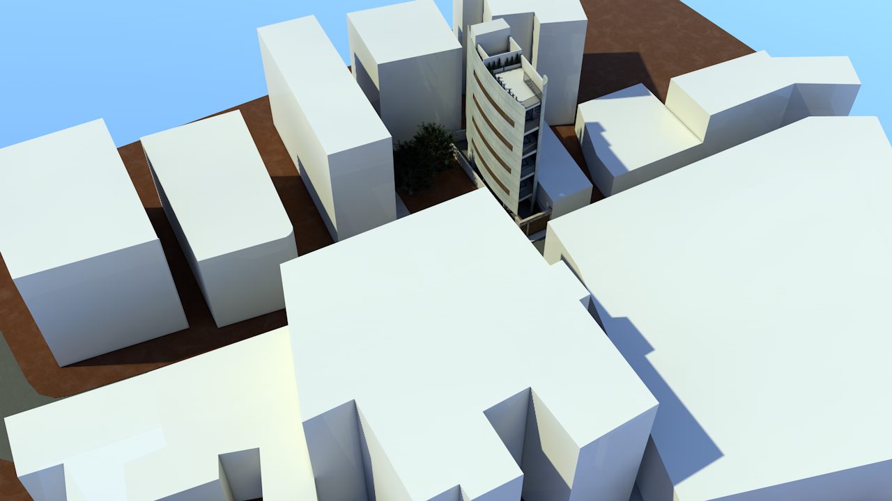 The same massing study seen across the rooftops of the neighbouring buildings — architect's model