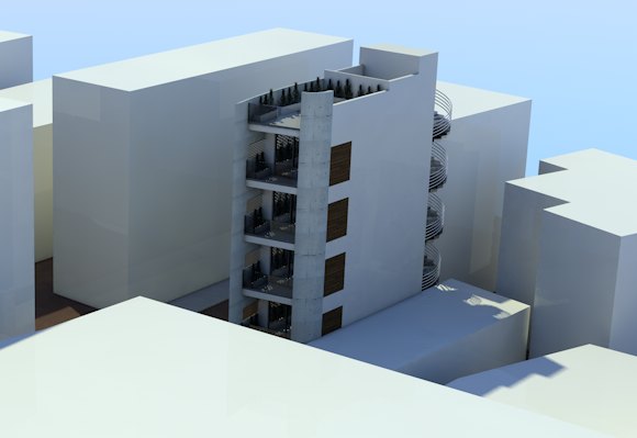 A massing study of the street side, the building set between its neighbours — architect's model