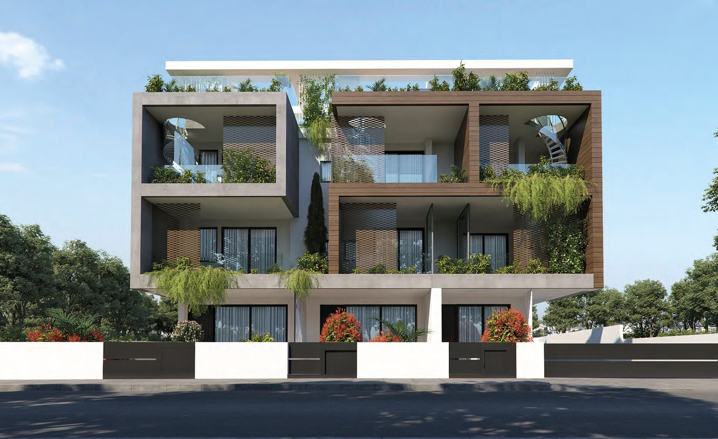 The front of Aradippou Pearl, every balcony planted along its edge — architect's visualisation