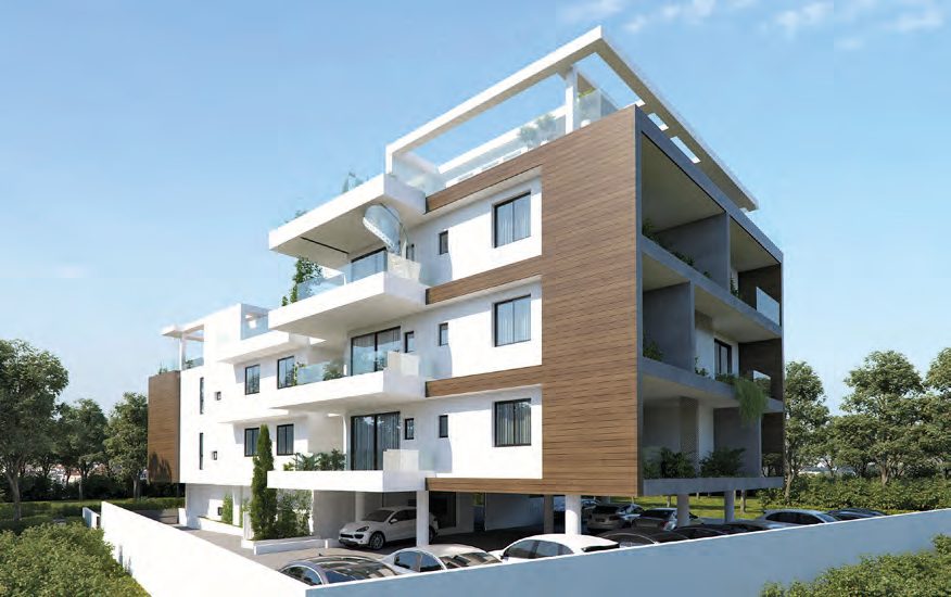 The parking side of Aradippou Pearl, timber cladding wrapping the upper floors — architect's visualisation