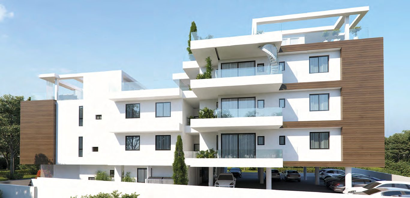 The rear elevation of Aradippou Pearl above its parking court — architect's visualisation