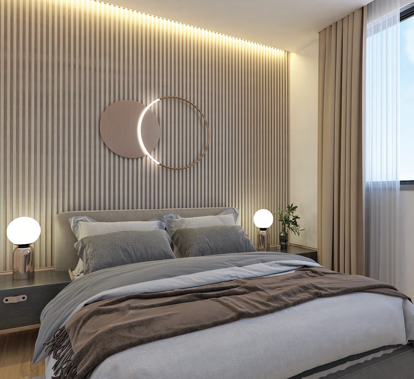 A bedroom at Aradippou Pearl, fluted timber headboard wall and soft cove lighting — architect's visualisation
