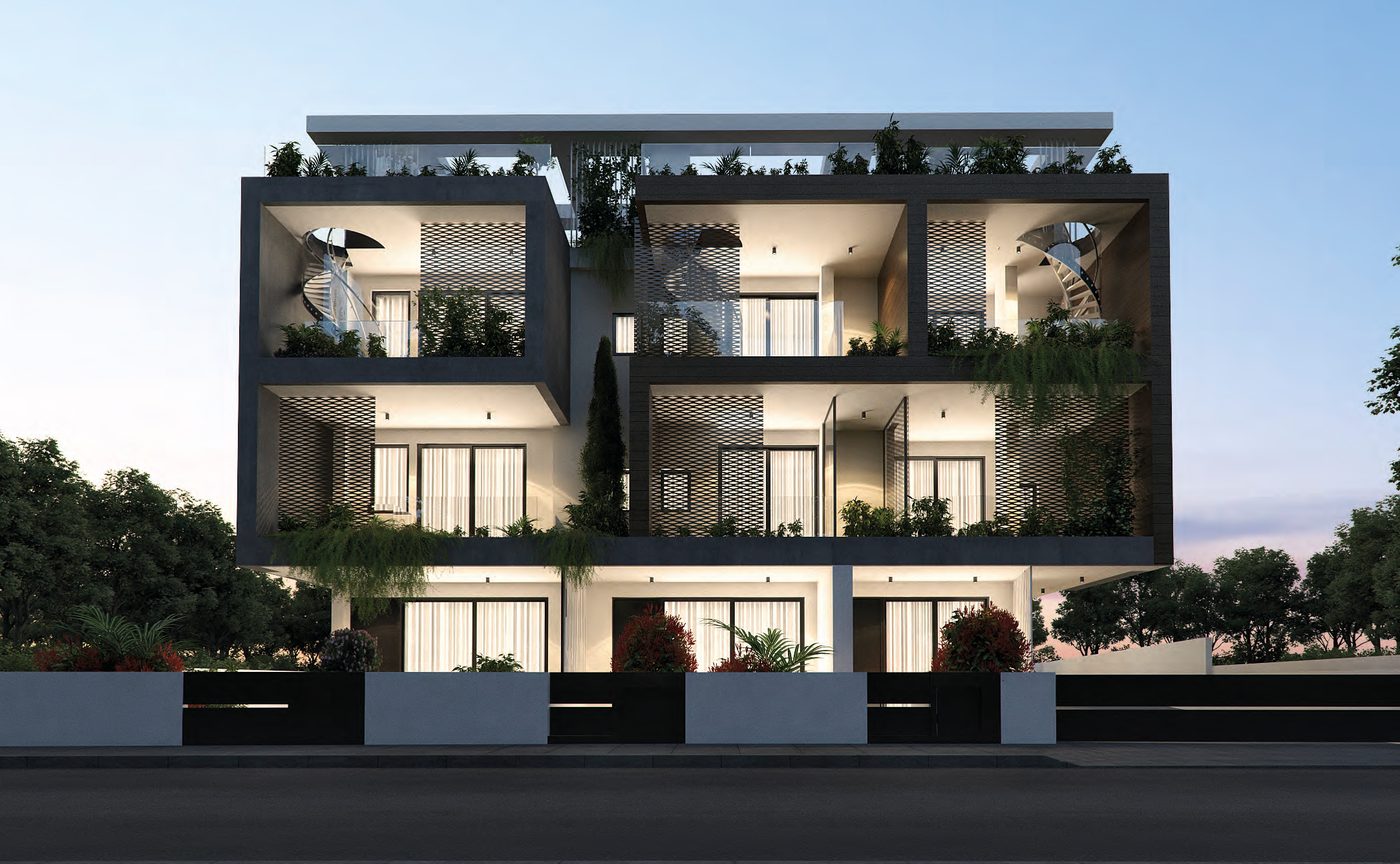 Aradippou Pearl at dusk, the balconies and their planting lit from within — architect's visualisation