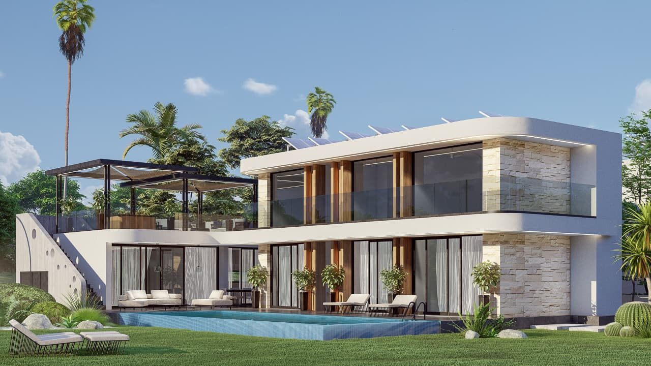 An Esser villa behind its pool, pergola and palms along the terrace