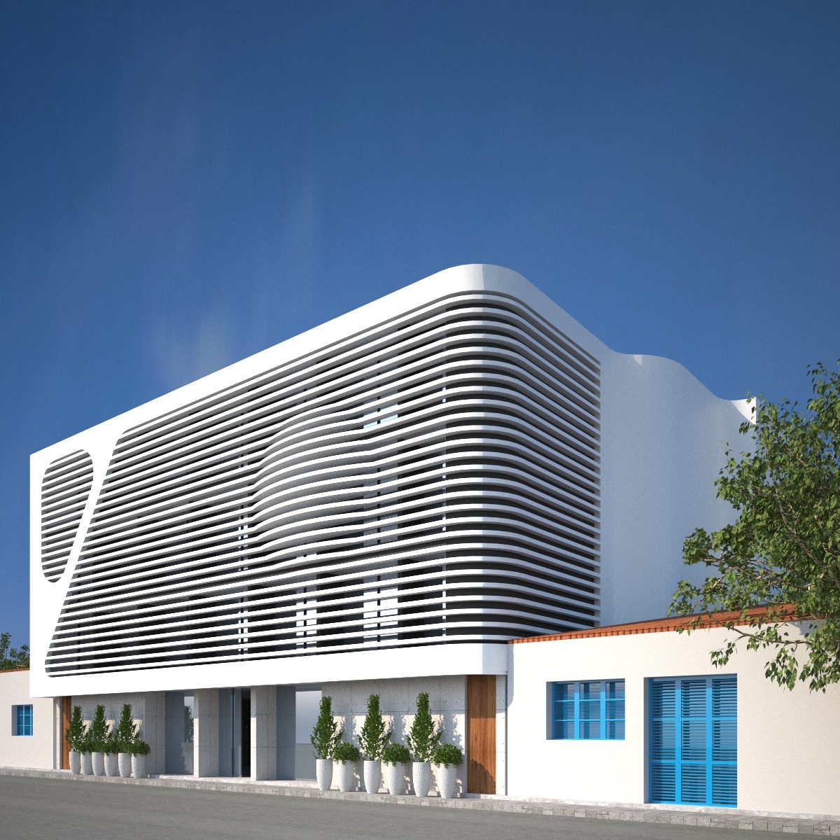 The entrance side of Yotel Hospitality, planters lining the ground floor colonnade — architect's visualisation