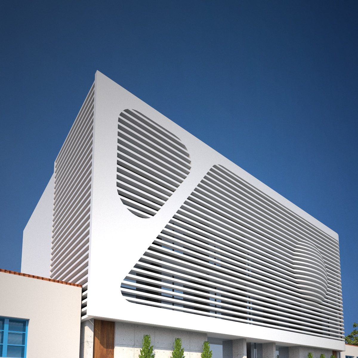 Yotel Hospitality seen from below, the louvred facade sweeping against the sky — architect's visualisation