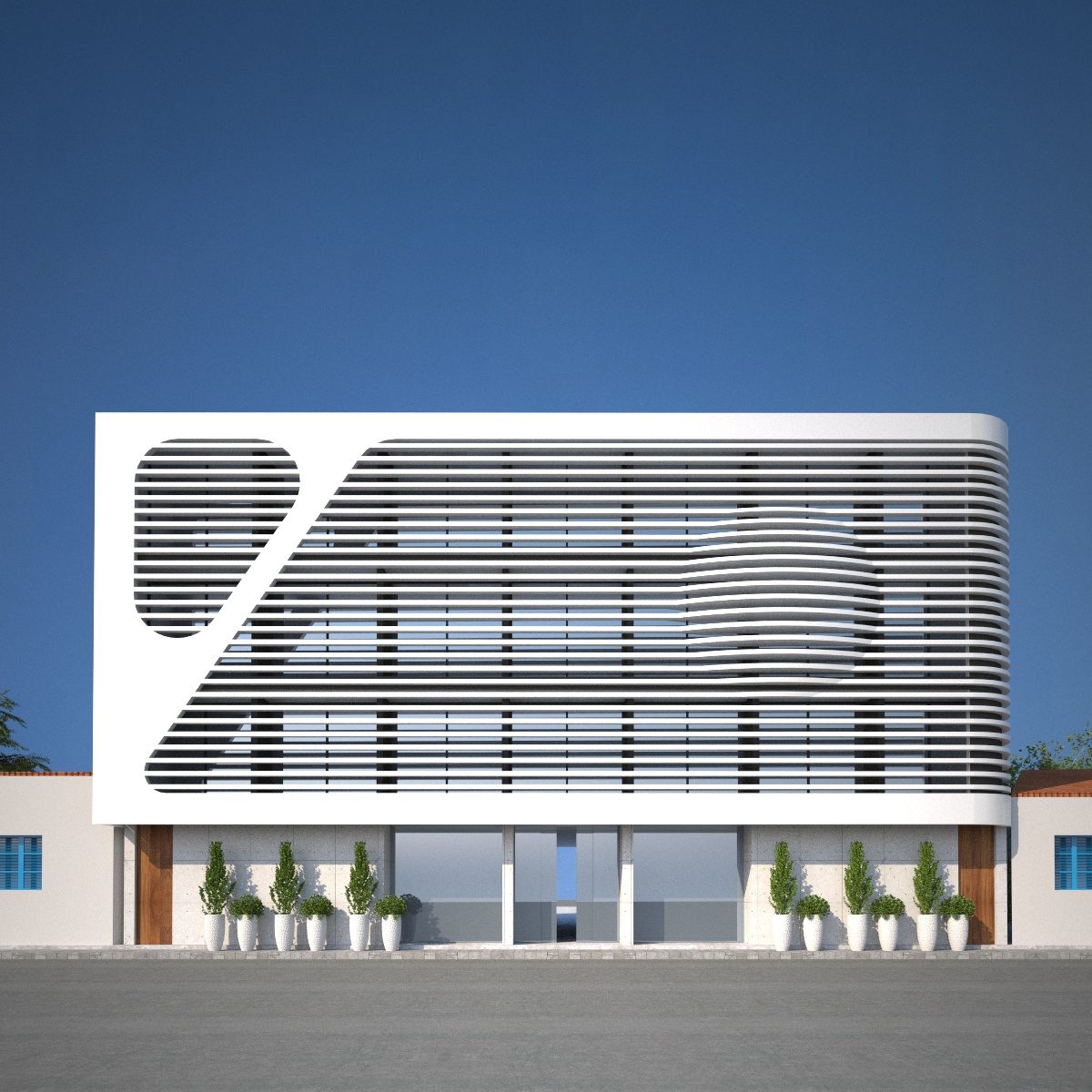 The front elevation of Yotel Hospitality, horizontal louvres shading the guest floors — architect's visualisation